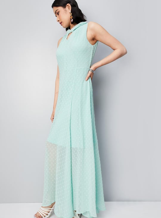 Women Dobby Woven Sleeveless Maxi Dress | Green | Textured