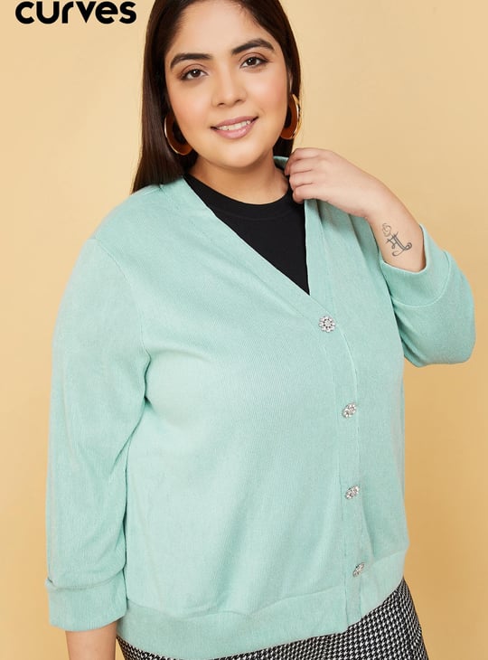 Women Knitted Cardigan with Embellished Placket Embellished