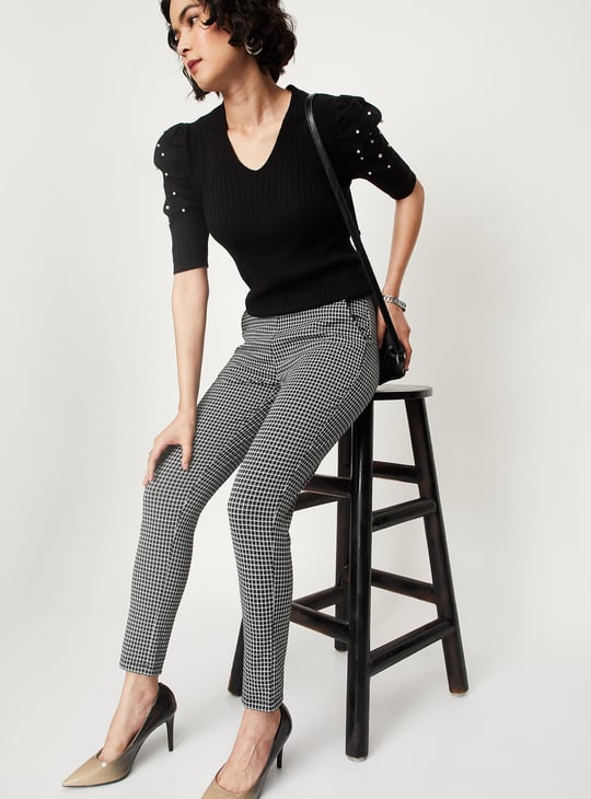 Women Houndstooth Pattern Knitted Pants