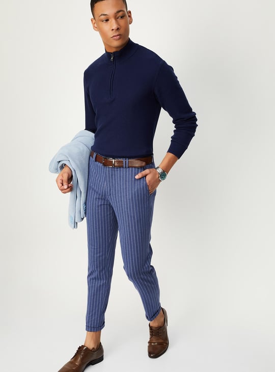 Men Carrot Fit Striped Formal Trousers