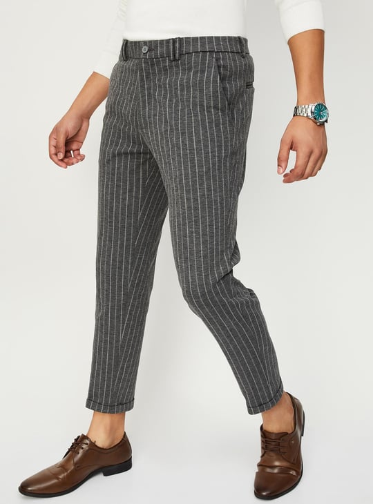 Men Carrot Fit Striped Formal Trousers