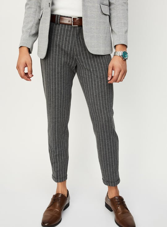 Men Carrot Fit Striped Formal Trousers