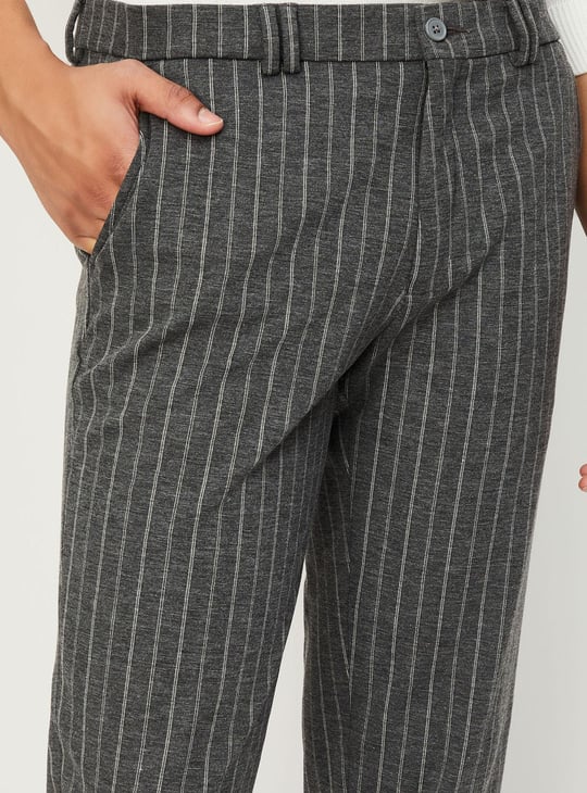 Men Carrot Fit Striped Formal Trousers