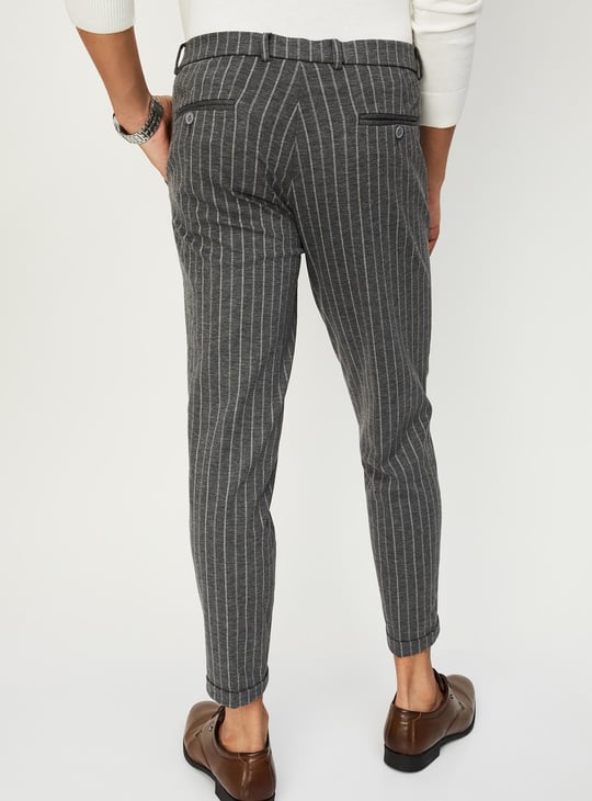 Men Carrot Fit Striped Formal Trousers