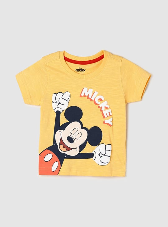 Boys Mickey Mouse Printed Cotton T shirt Yellow Crew Neck