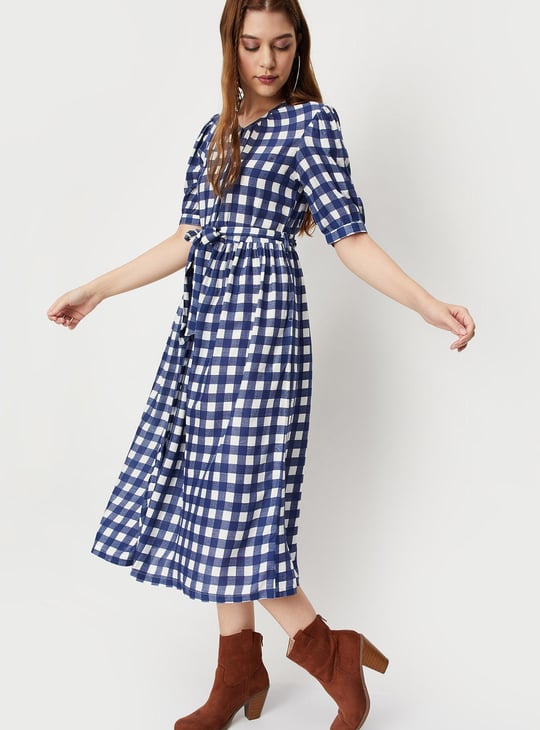 Women Checked Puffed Sleeves A-line Dress