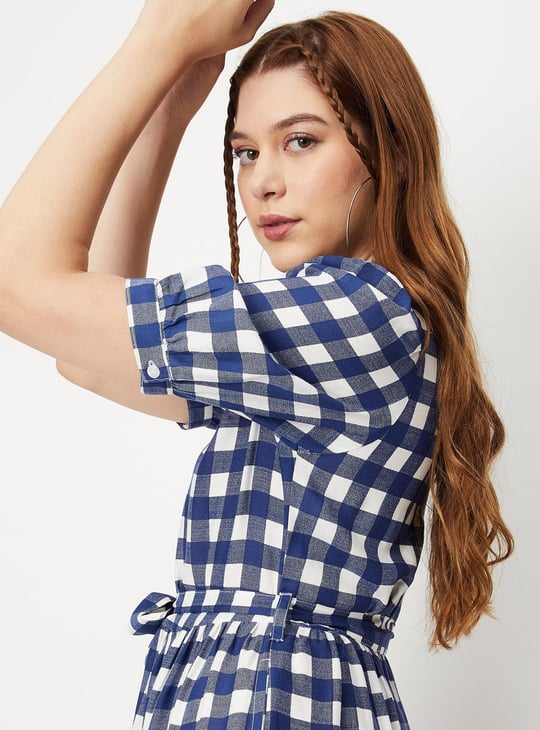 Women Checked Puffed Sleeves A-line Dress