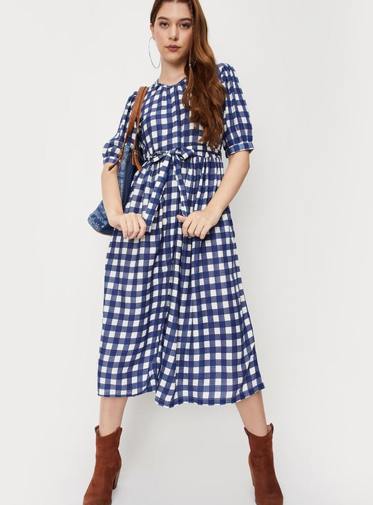 Women Checked Puffed Sleeves A-line Dress