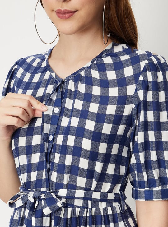 Women Checked Puffed Sleeves A-line Dress