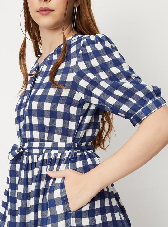 Women Checked Puffed Sleeves A-line Dress