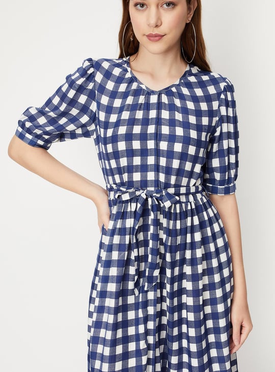 Women Checked Puffed Sleeves A-line Dress