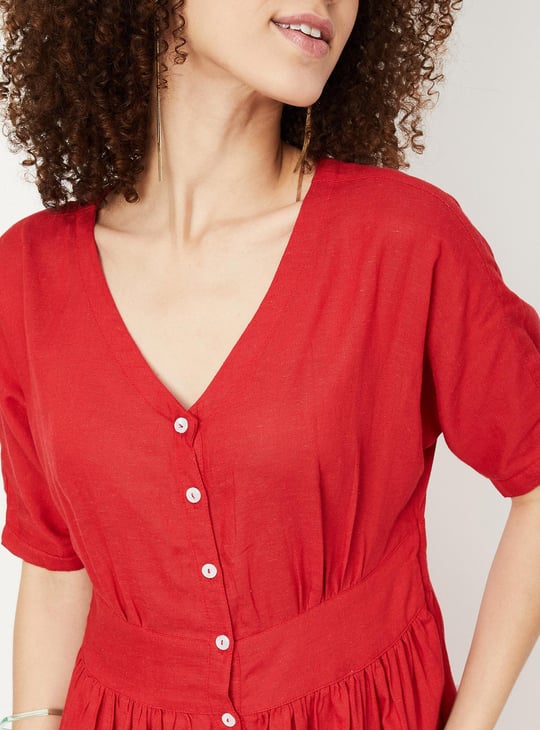 Women Solid V-Neck Fit and Flare Dress | Red | Solid