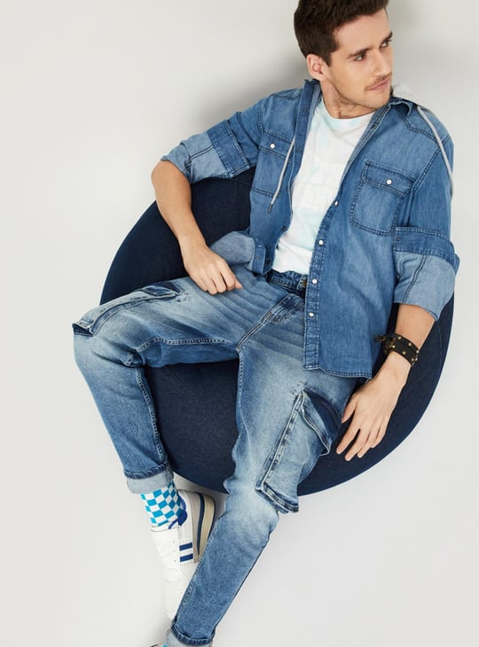 Men Washed Hooded Denim Shirt