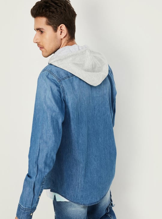 Men Washed Hooded Denim Shirt