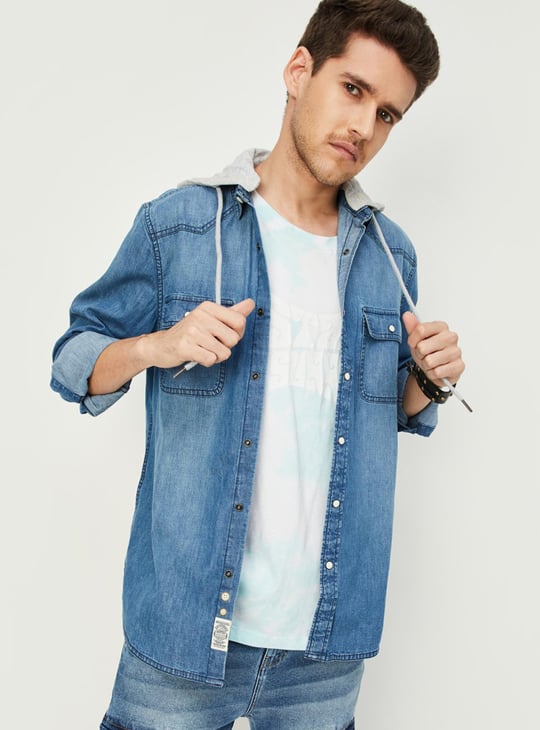 Men Washed Hooded Denim Shirt