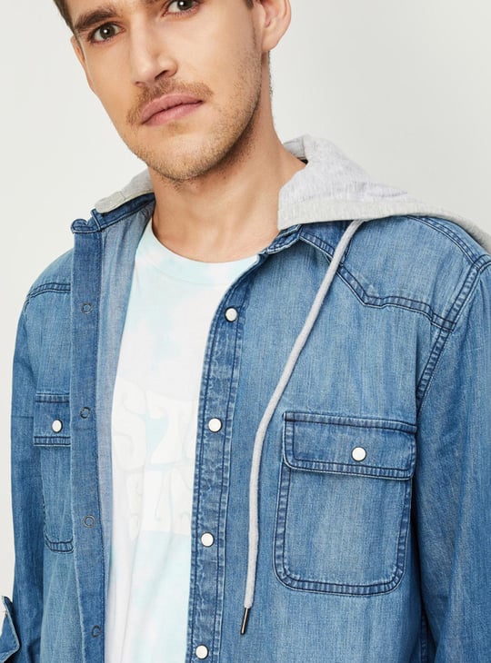 Men Washed Hooded Denim Shirt