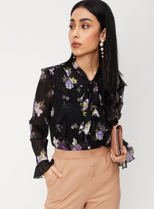 Women Printed Chiffon Blouse with Ruffles