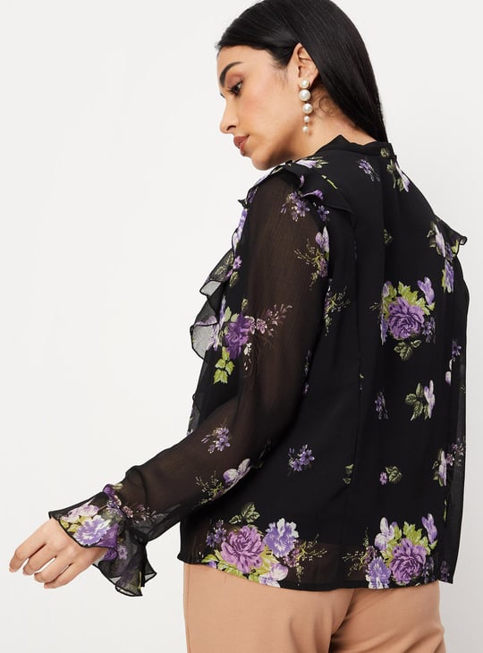 Women Printed Chiffon Blouse with Ruffles
