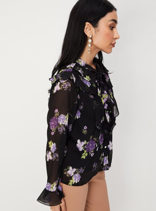 Women Printed Chiffon Blouse with Ruffles