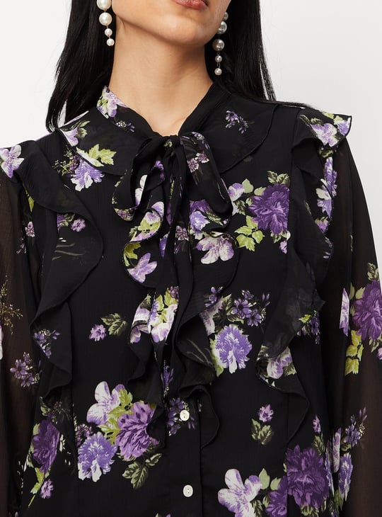 Women Printed Chiffon Blouse with Ruffles