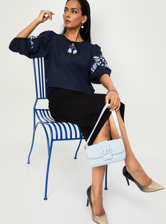 Women Embroidered Tassel Tie-Up Top