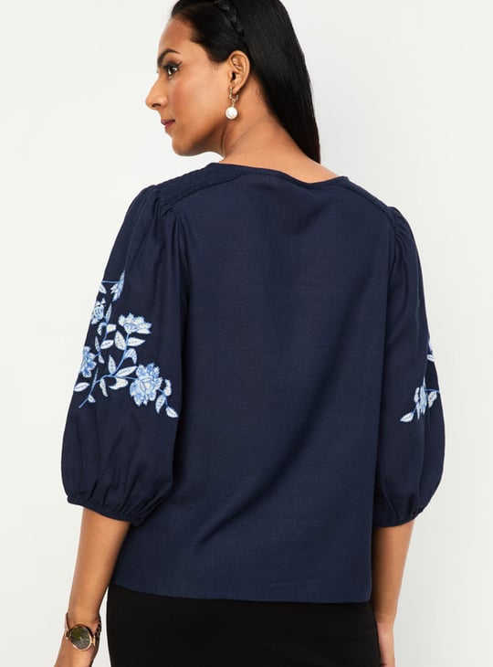 Women Embroidered Tassel Tie-Up Top