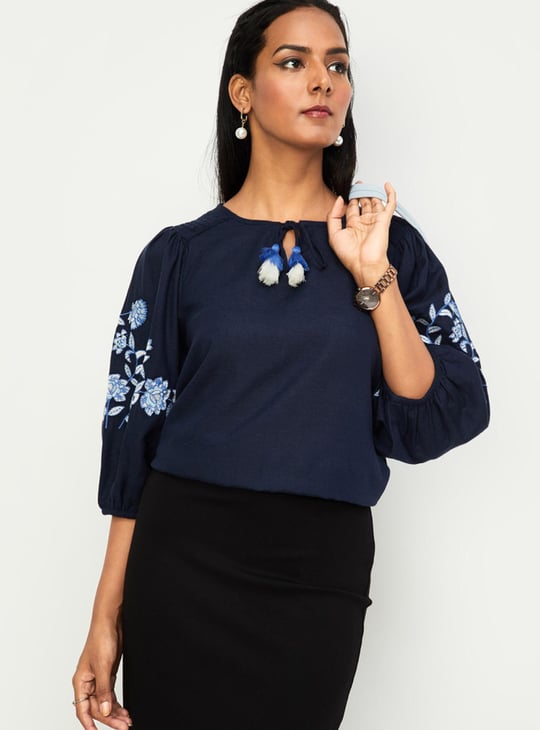 Women Embroidered Tassel Tie-Up Top