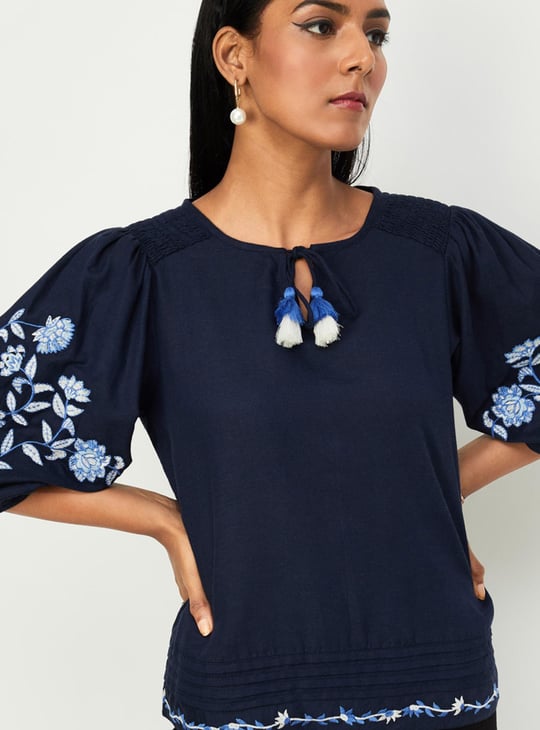 Women Embroidered Tassel Tie-Up Top