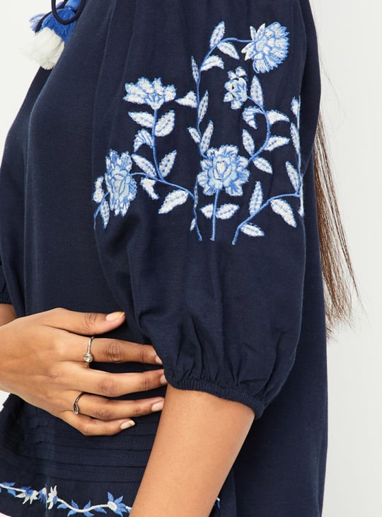 Women Embroidered Tassel Tie-Up Top