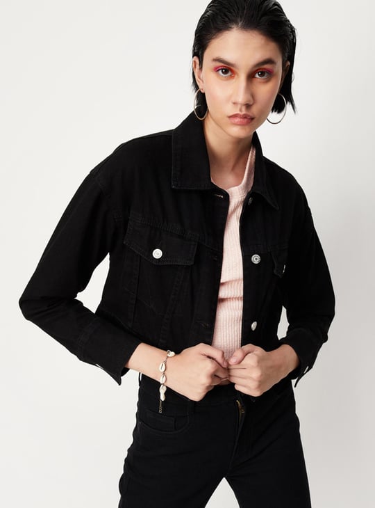 Women Solid Crop Denim Jacket