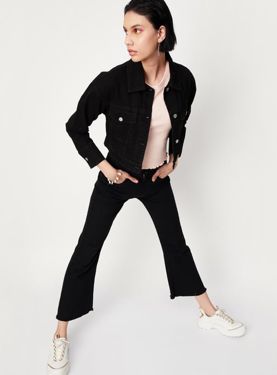 Women Solid Crop Denim Jacket