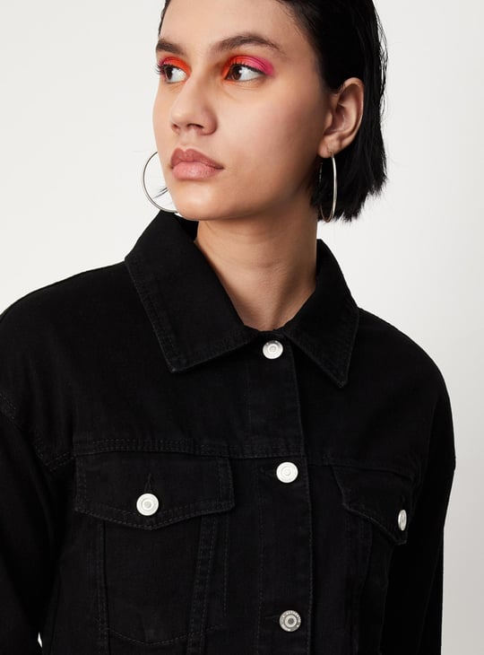 Women Solid Crop Denim Jacket