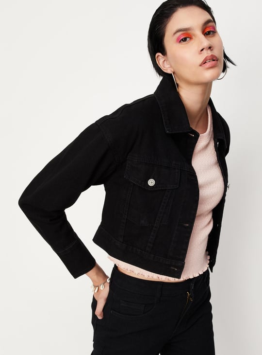 Women Solid Crop Denim Jacket