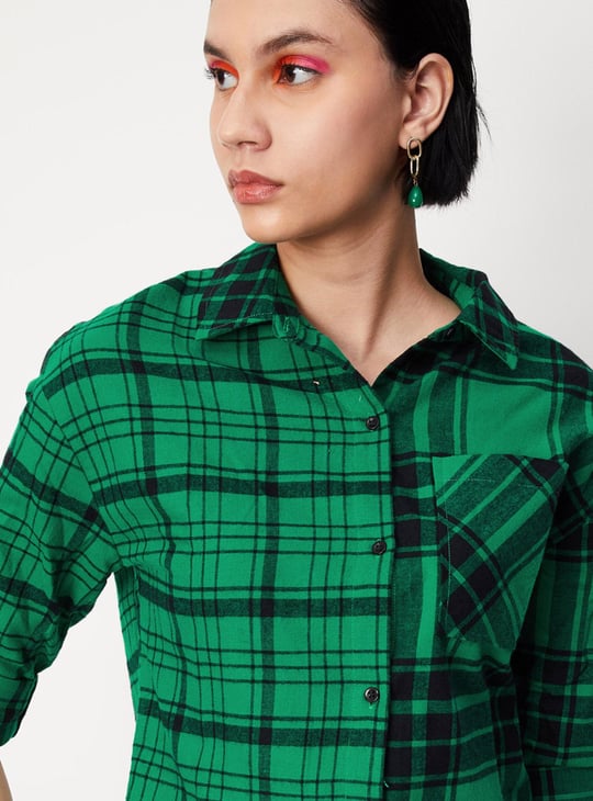 Women Yarn Dyed Checked Crop Shirt