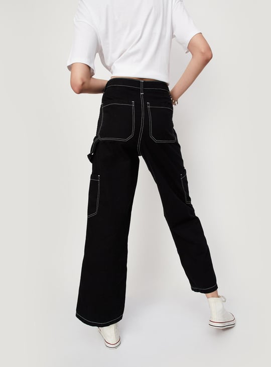 Women Contrast Stitch Wide Leg Cargo