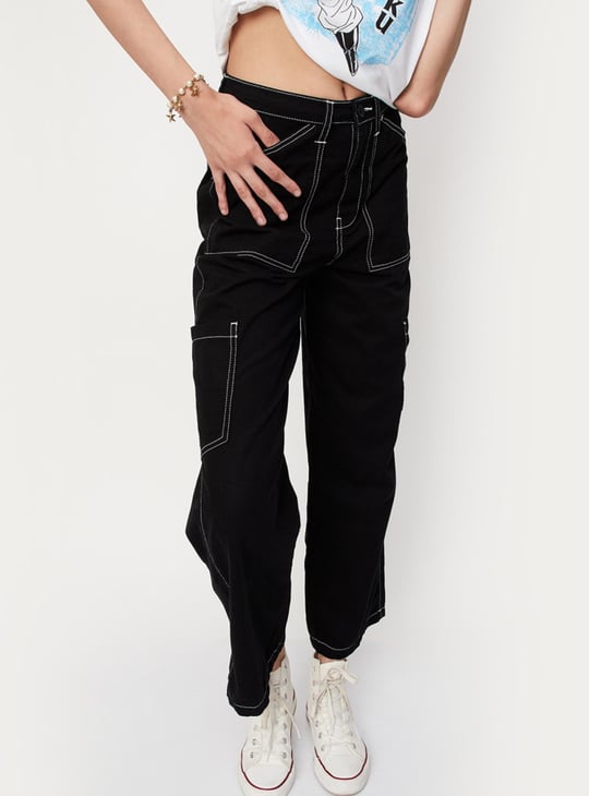 Women Contrast Stitch Wide Leg Cargo