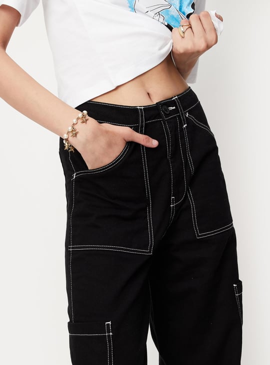 Women Contrast Stitch Wide Leg Cargo