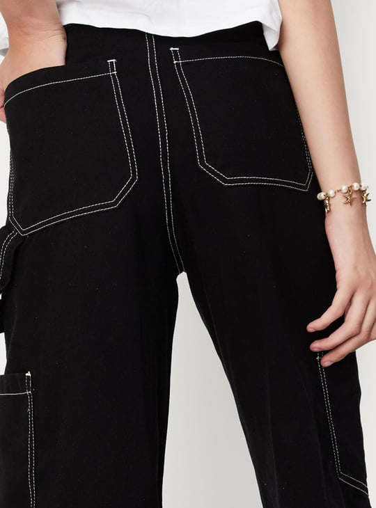 Women Contrast Stitch Wide Leg Cargo