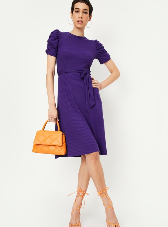 Women Knit Ruched Sleeve A-line Dress