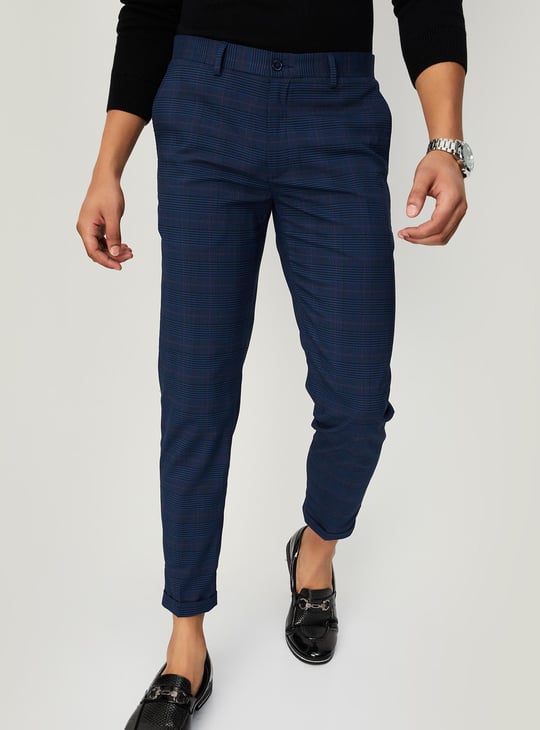 Men Carrot Fit Checked Formal Trousers