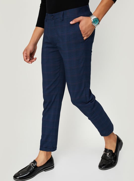 Men Carrot Fit Checked Formal Trousers