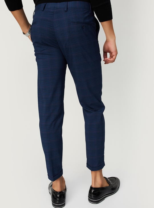 Men Carrot Fit Checked Formal Trousers