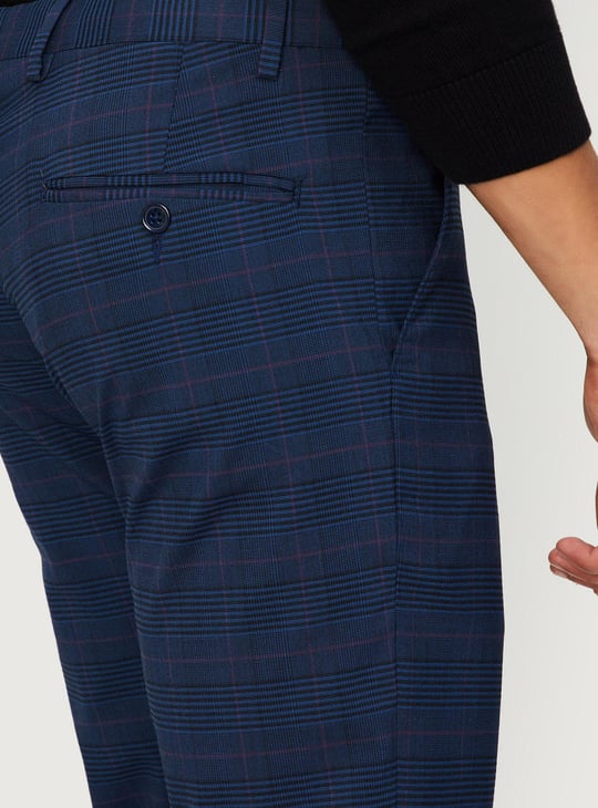 Men Carrot Fit Checked Formal Trousers