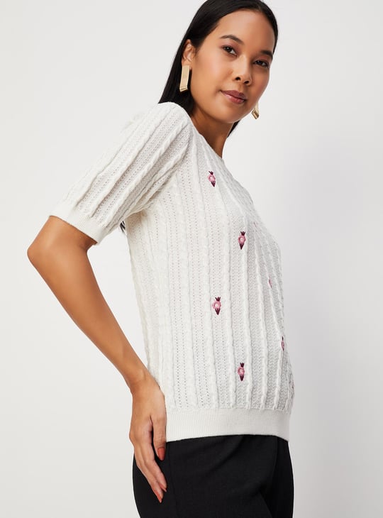 Women Cable Knit Embroidered Top