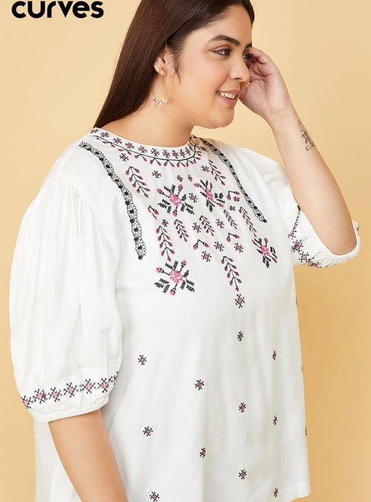 Women Embroidered Puffed Sleeves Top