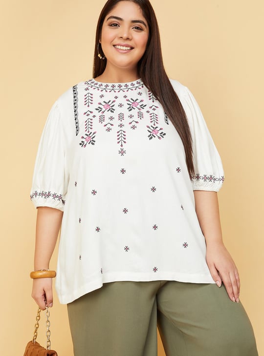 Women Embroidered Puffed Sleeves Top