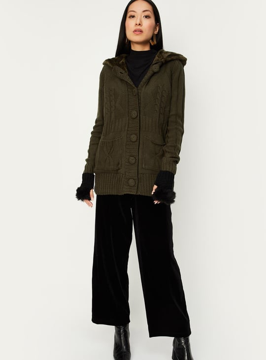 Women Cable Knit Hooded Cardigan
