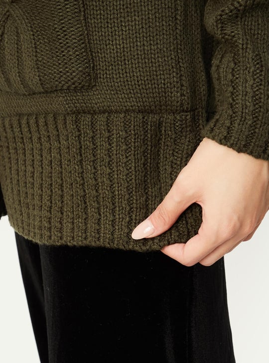 Women Cable Knit Hooded Cardigan