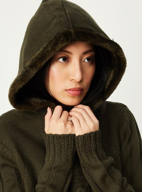 Women Cable Knit Hooded Cardigan