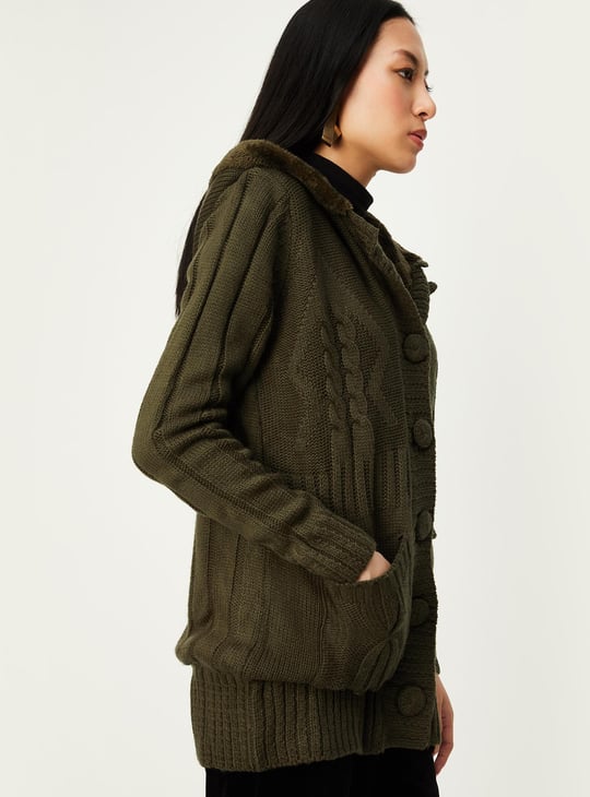 Women Cable Knit Hooded Cardigan